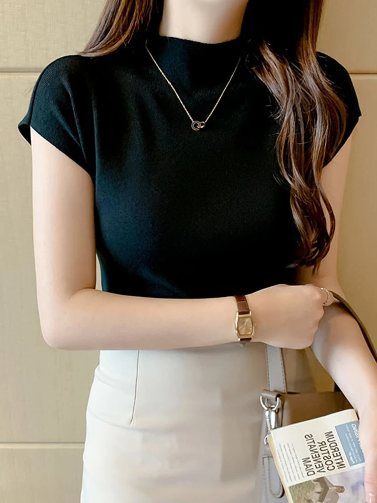 Women Summer Sexy Knitted Turtleneck Sleeveless TShirts Tops Solid Slim Fit Pullovers Causal Tees Female Streetwear Basics 260306