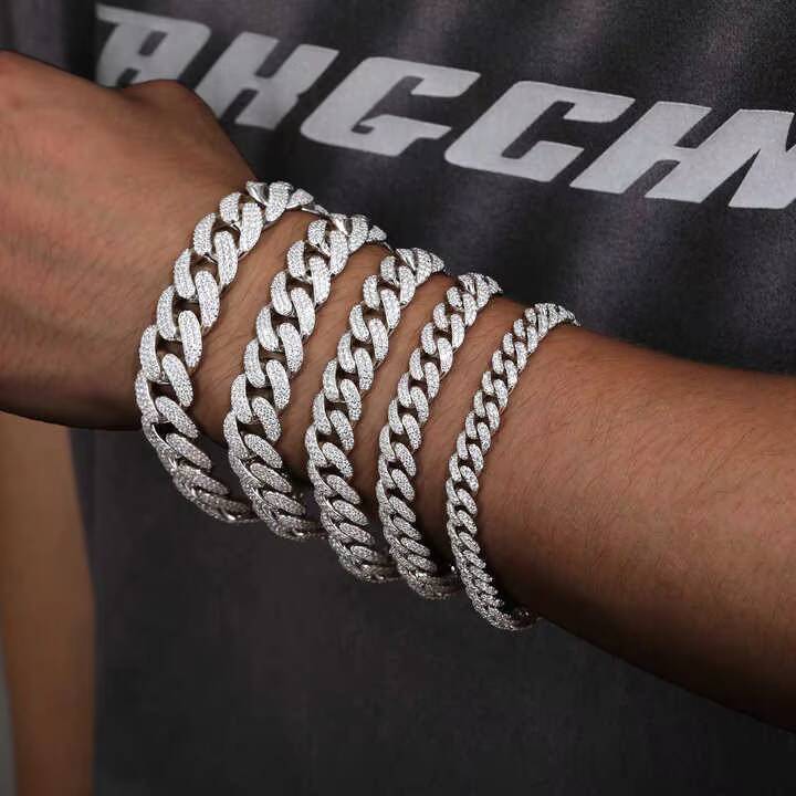 Wholesale Price Hip Hop Jewelry Luxury 8mm-20mm 925 Sterling Silver VVS Moissanite Diamond Iced Out Cuban Link Bracelet for Men