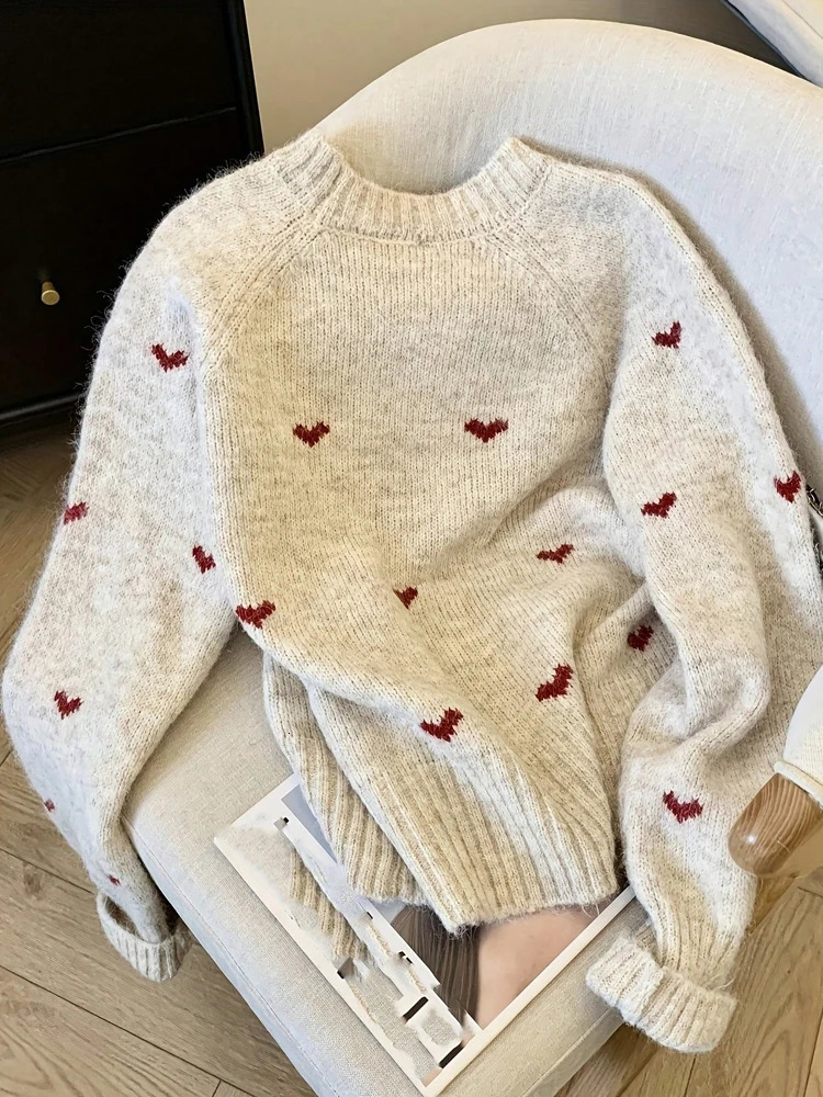 Autumn Winter Comfortable Heart Pattern Sweater Long Sleeve Pullover Round Neck Top Warm Versatile Womens Clothing 260306