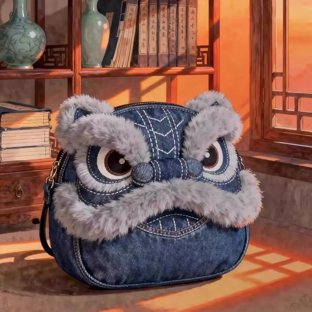 Creative Lion Dance One Shoulder Crossbody Bag Chinese Style Ethnic Denim Cartoon Gift Years 260307