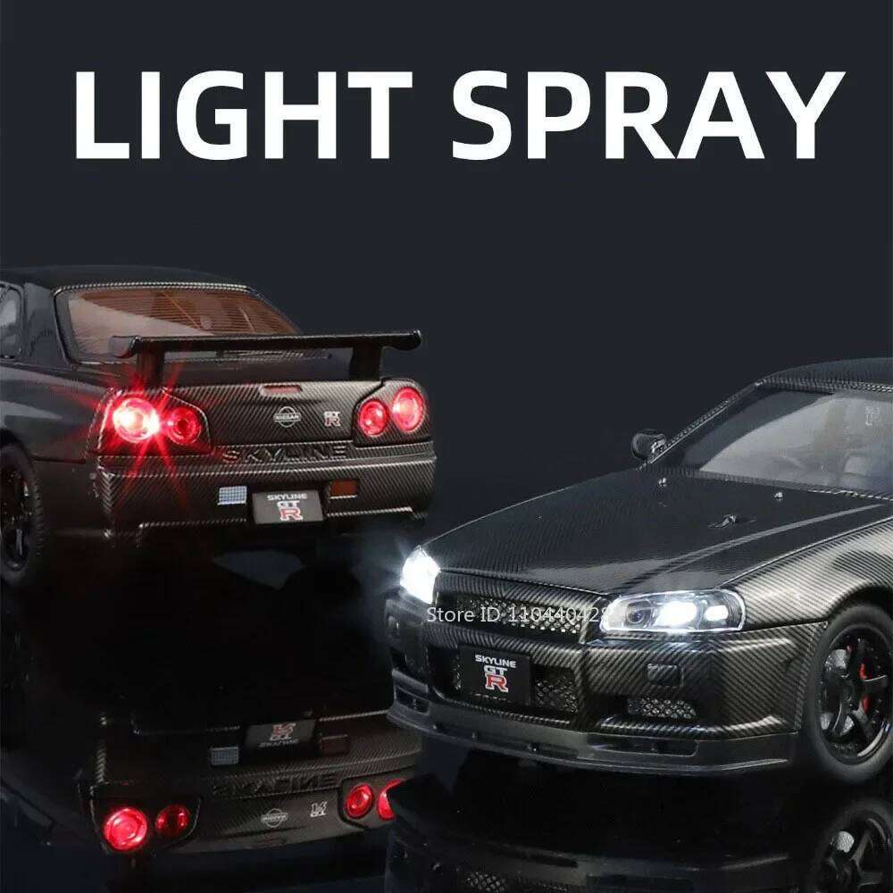 1:24 GTR R34 Miniature Model Diecast Alloy Car Toy 4 Doors Opened Sound Light Pull Back Front Wheel Steering Vehice for Boy Gift Z260307