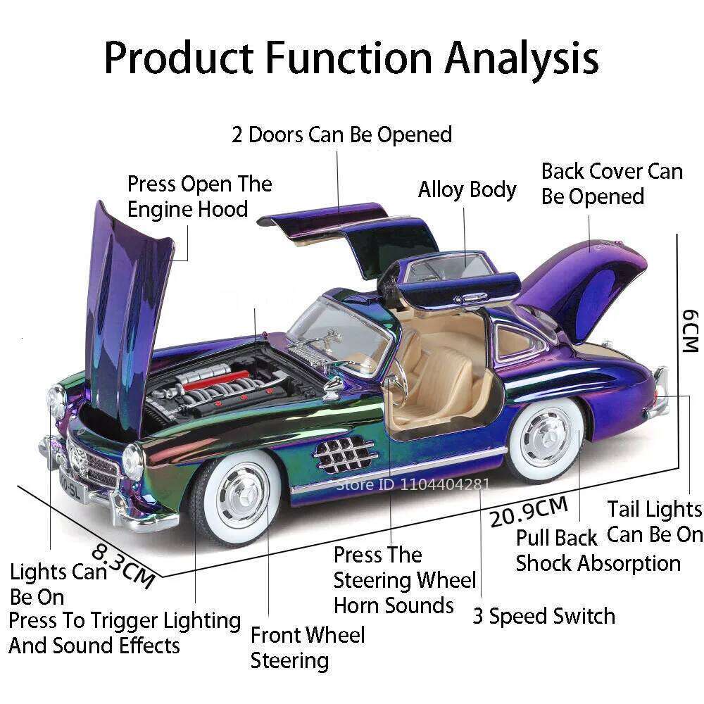 1:24 300SL 500K Alloy Vintage Car Miniature Model Toys Diecast Metal Cars Sound Light Pull Back Doors Opened Vehices Collection Z260307