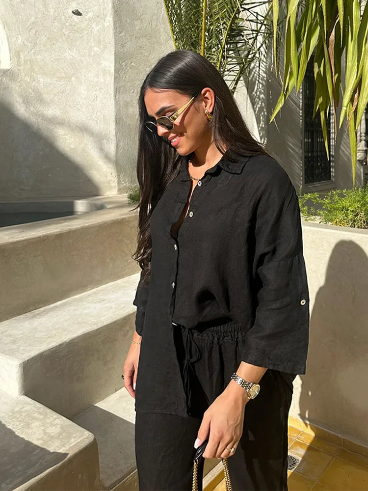 Cotton Linen Oversize Two Piece Ladies Set Casual Lapel Female Shirt Suits Wide Leg Pant Spring In Matching Women Outfits 260304
