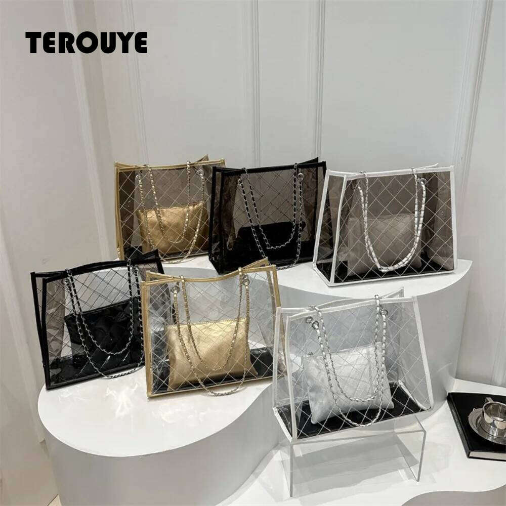 Large Capacity Transparent Shoulder Summer Underarm Waterproof Composite Bag Korean Style Storage Beach Portable Tote TEROUYE