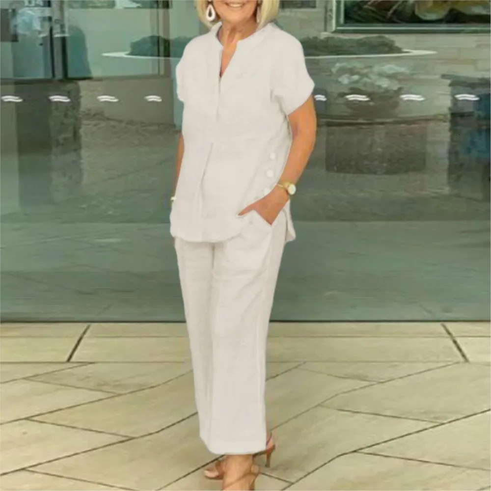 Fashion Cotton Linen Short Sleeved Women Shirt Pants Suit Spring Summer Simple Casual Pocket Pants Female Office 2 Piece Set 260303
