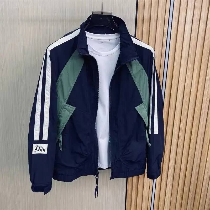 New Brand Fashion Striped Spliced contrasting Cardigan Stand Collar Jacket