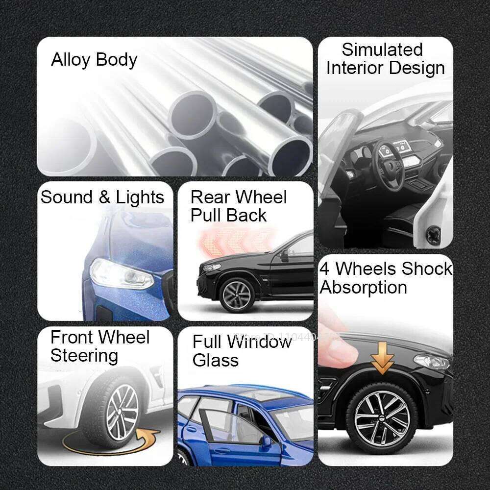 1:32 X3M M8 Miniature Model Diecast Alloy Car Toys Front Wheel Steering Sound Light Pull Back Vehices Children's Christmas Gifts Z260306