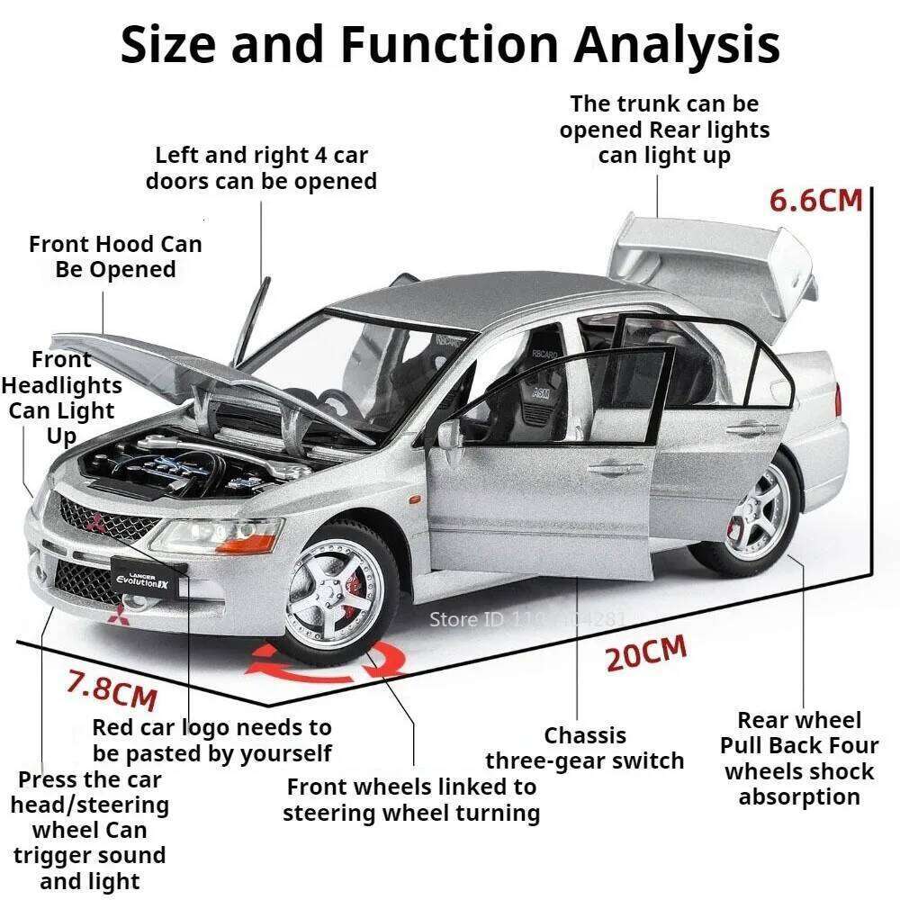 1:24 Lancer Evolution IX AE86 Miniature Toy Alloy Diecast Model Car Doors Opened Front Wheel Steering Vehice Home Decor Ornament Z260307