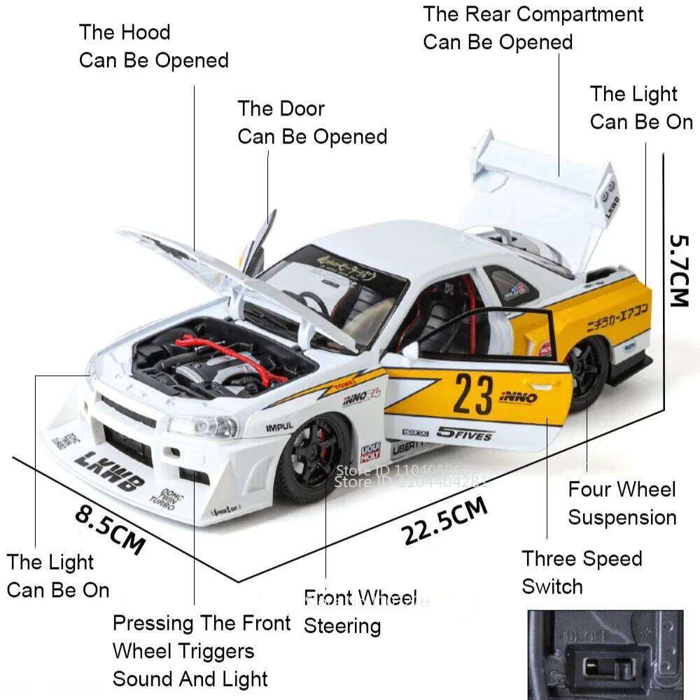 1:24 GTR-R34 S15 Diecast Alloy Model Car Toys Shock Absorption with Sound Light Doors Opened Vehices Kids Fashion Ornaments Z260307