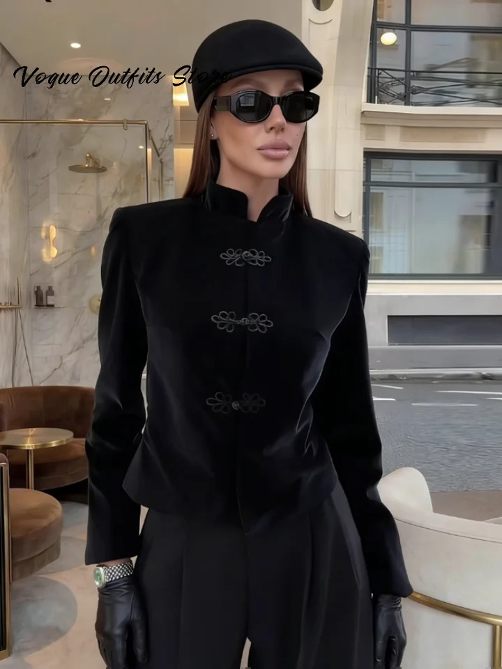 Vintage Velvet Waist Cinching Frog Button Jacket Women Slim Stand Collar Buckle Coat 2026 Spring Lady Chic Street Outerwear 260306