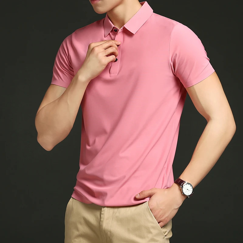 Golf Solid Ice Silk Traceless Silk Loose Polo Shirt Short Sleeve T-shirt Mens Elastic Ironless Thin Polo Neck Light 260305