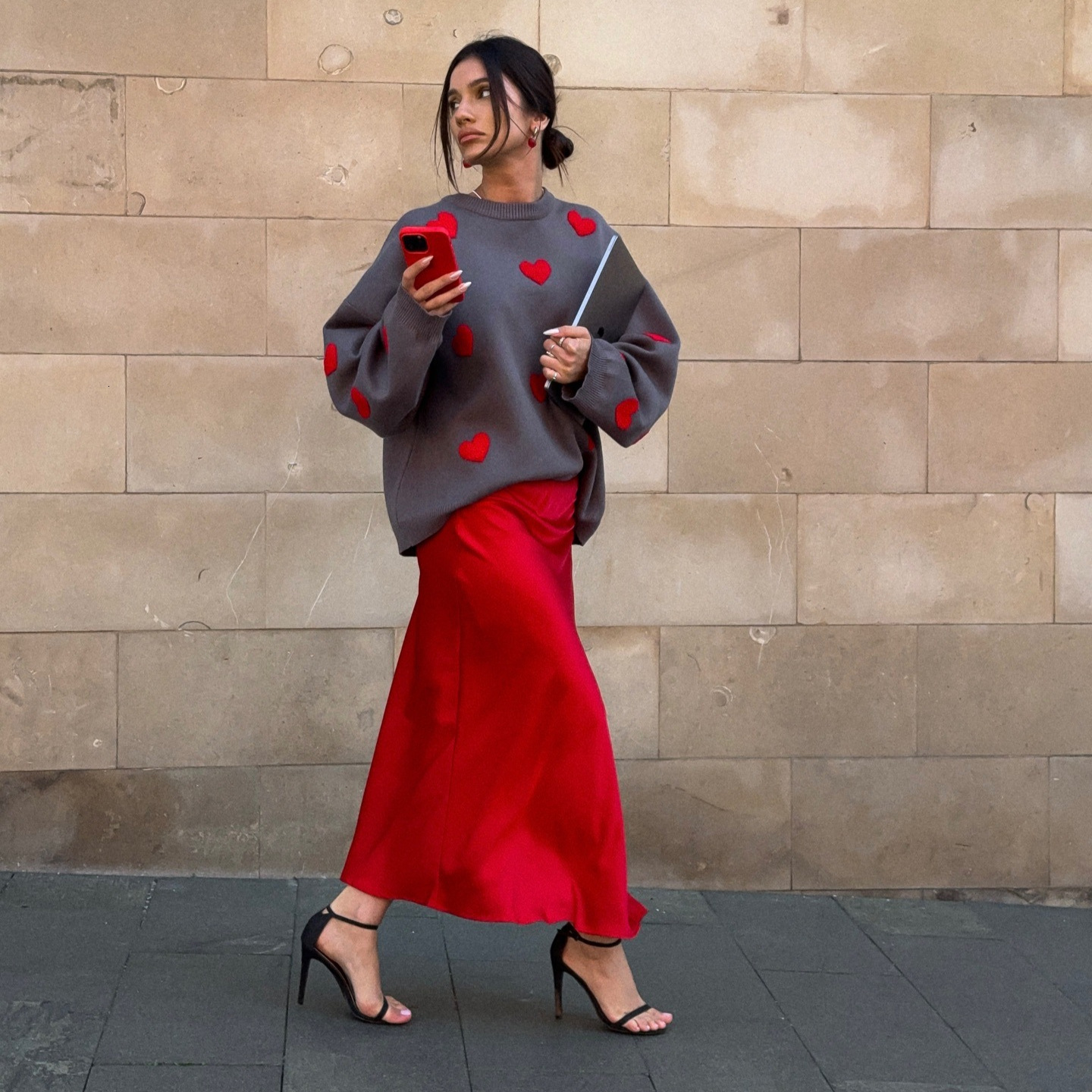 Early Autumn Lazy Style Draped Round Neck Long Sleeve Womens Sweater Heart Pattern Knitted Base Shirt Autumn Women 240904