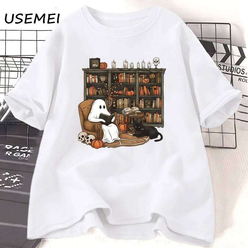 Retro Ghost Reading Books Librarian T-shirt Halloween Teacher Tshirt Women Cotton Boo School T Shirt Streetwear Women's Clothing XJ260306 XJ26030