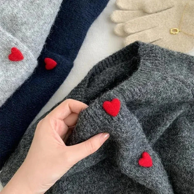 Deep Grey Wool Knitted Cardigan For Women 2026 Autumn Winter Soft And Sticky Warm Love Buckle Shoulder Sleeves 260305