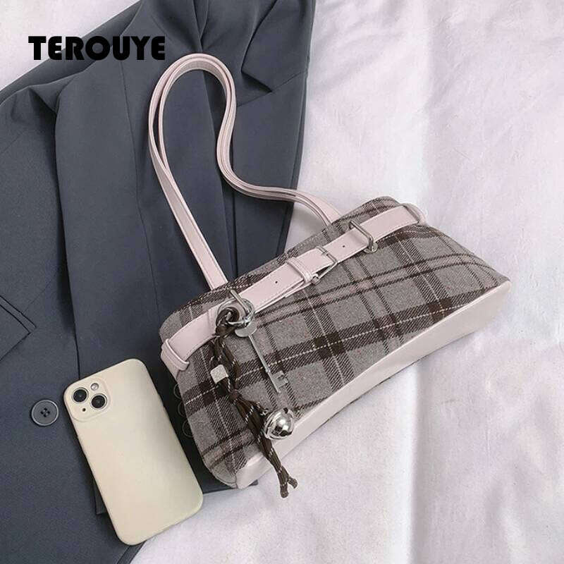 Fashionable Retro Soft PU Leather Checked Shoulder Large Capacity Hot Sale Bags For Women Zipper Cloth Women's Handbags TEROUYE