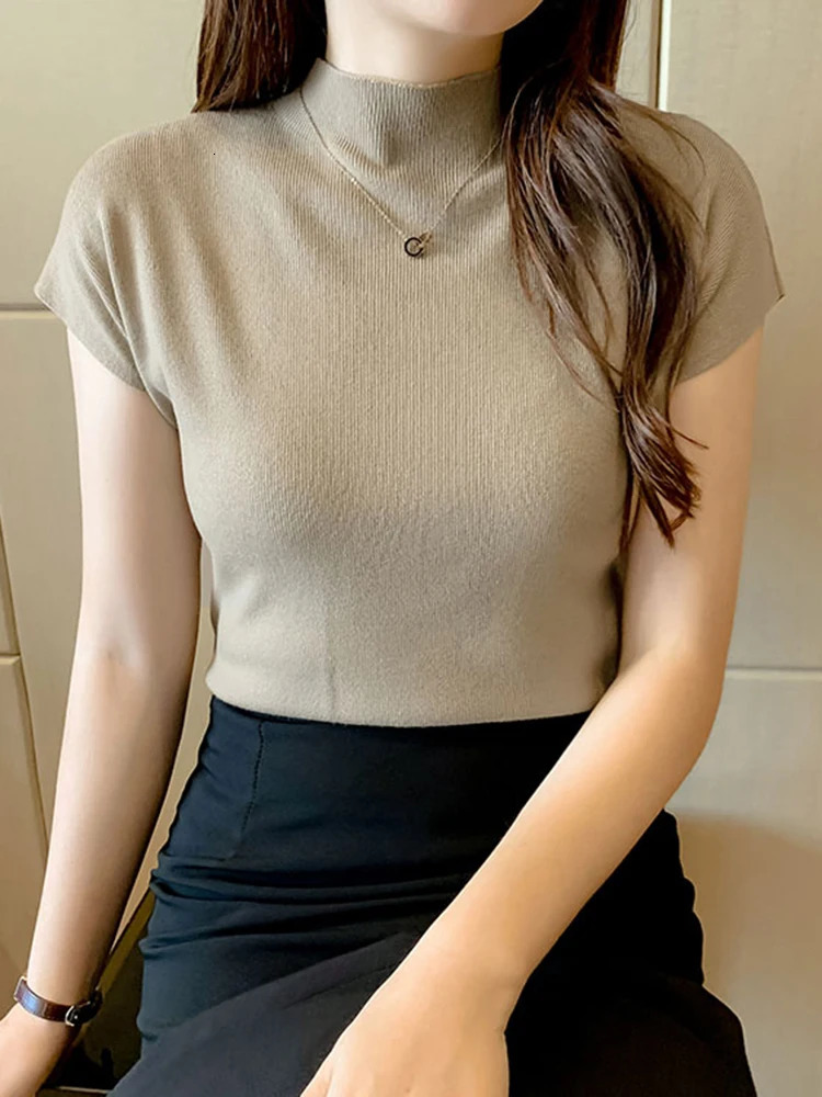 Women Summer Sexy Knitted Turtleneck Sleeveless TShirts Tops Solid Slim Fit Pullovers Causal Tees Female Streetwear Basics 260306