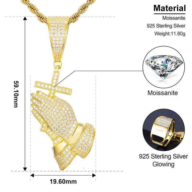 D Color Moissanite Diamond Bling Cross Pray Hand Pendant Necklace in 925 Sterling Silver Hip Hop Jewelry for Men Women