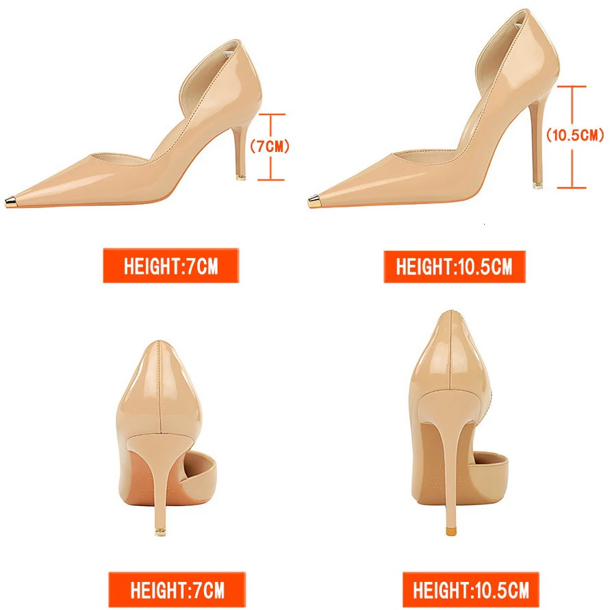 BIGTREE Shoes Black Patent Leather High Heels Metal Pointed Women Pumps Sexy Party Shoes Stilettos Women 7 Cm 105cm Heels 260306