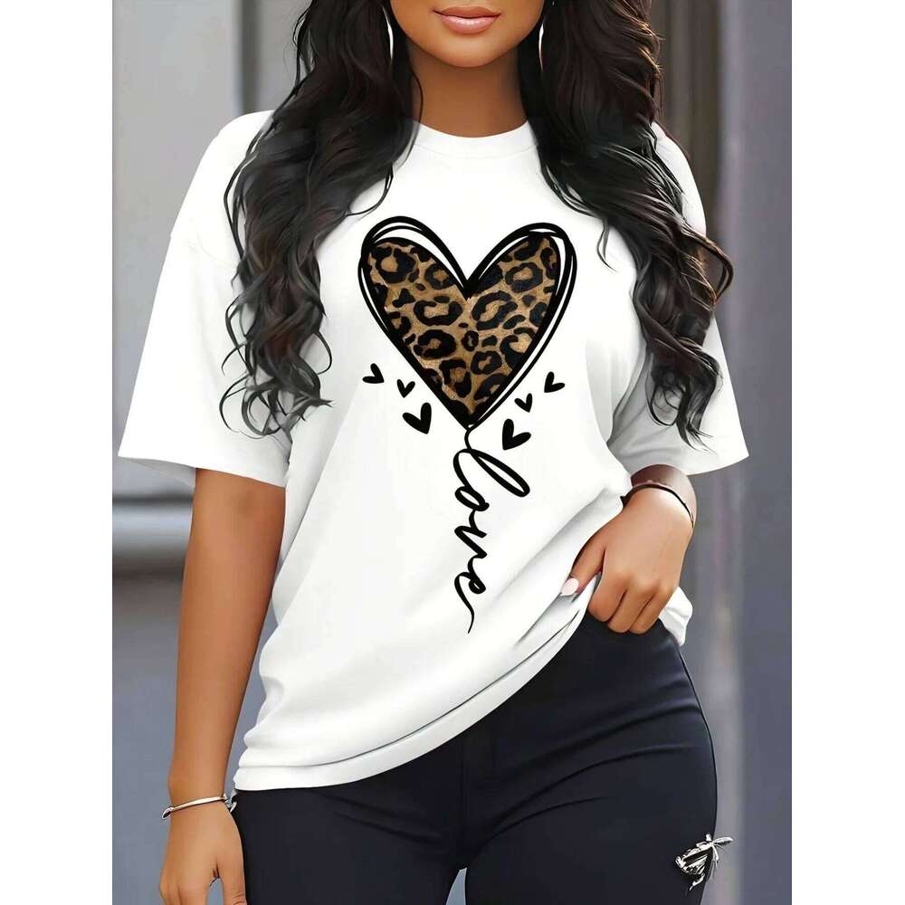 Women'sShort Sleeved T-shirt with Leopard Print Heart PatternT-shirt Casual Fashionable Top InBlack and White for Daily Wear XJ260306