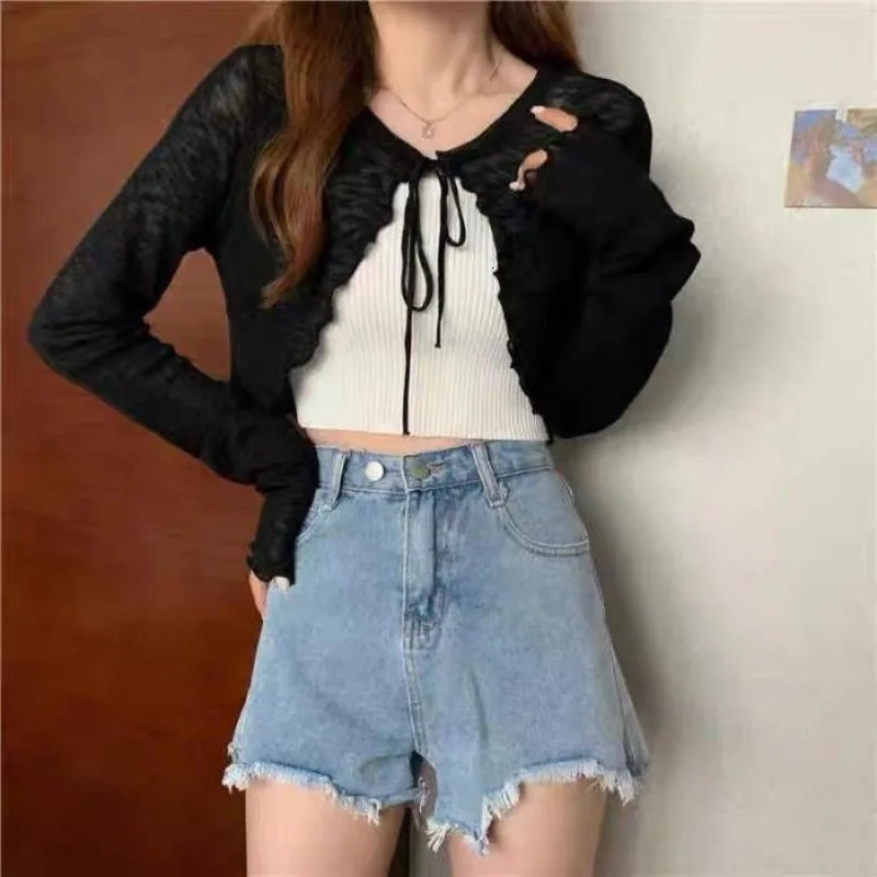 Summer Women Thin Sunscreen Cardigan Laceup Knitwear Tops Female Korean Style Lantern Sleeve Short Coat Casual Sun Protected 260306