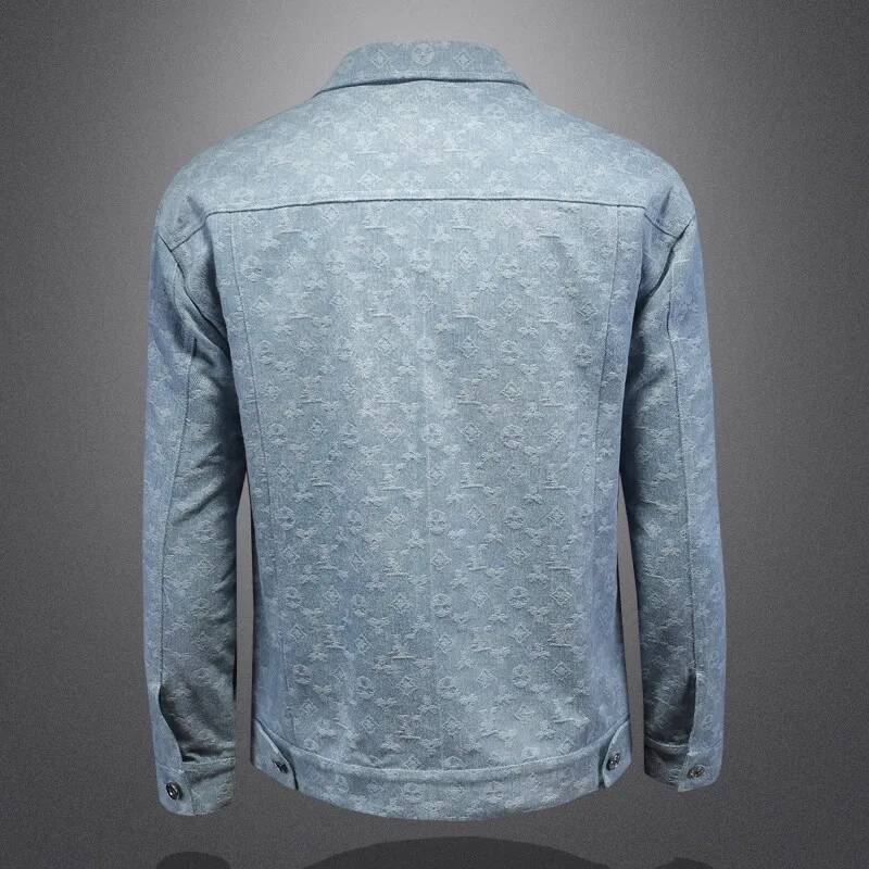 Men's Slim Fit Casual Denim Jacket Autumn Plaid Embossed Collar Trendy Youth Fashionable Outerwear