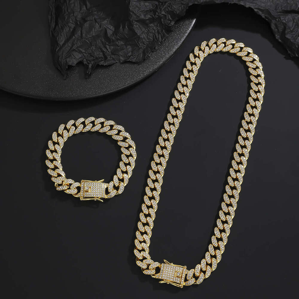 Popular personalized full-diamond hip-hop Cuban chain necklace 14mm men's fashion punk bracelet high-quality jewelry set