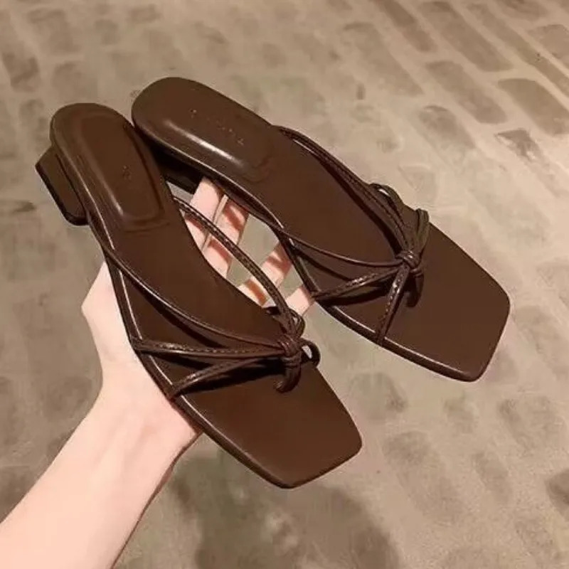 Flip-flops Womens Summer Style Square Head Thin Strap Flip-flops Simple Lightweight Non-slip Sandals 260306