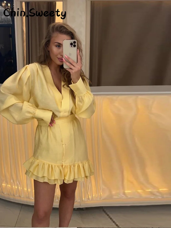 Elegant Asymmetric Cascading Ruffles Mini Dress Women Loose Solid V-neck Full Sleeve Button Summer Dresses Lady Robes 260306