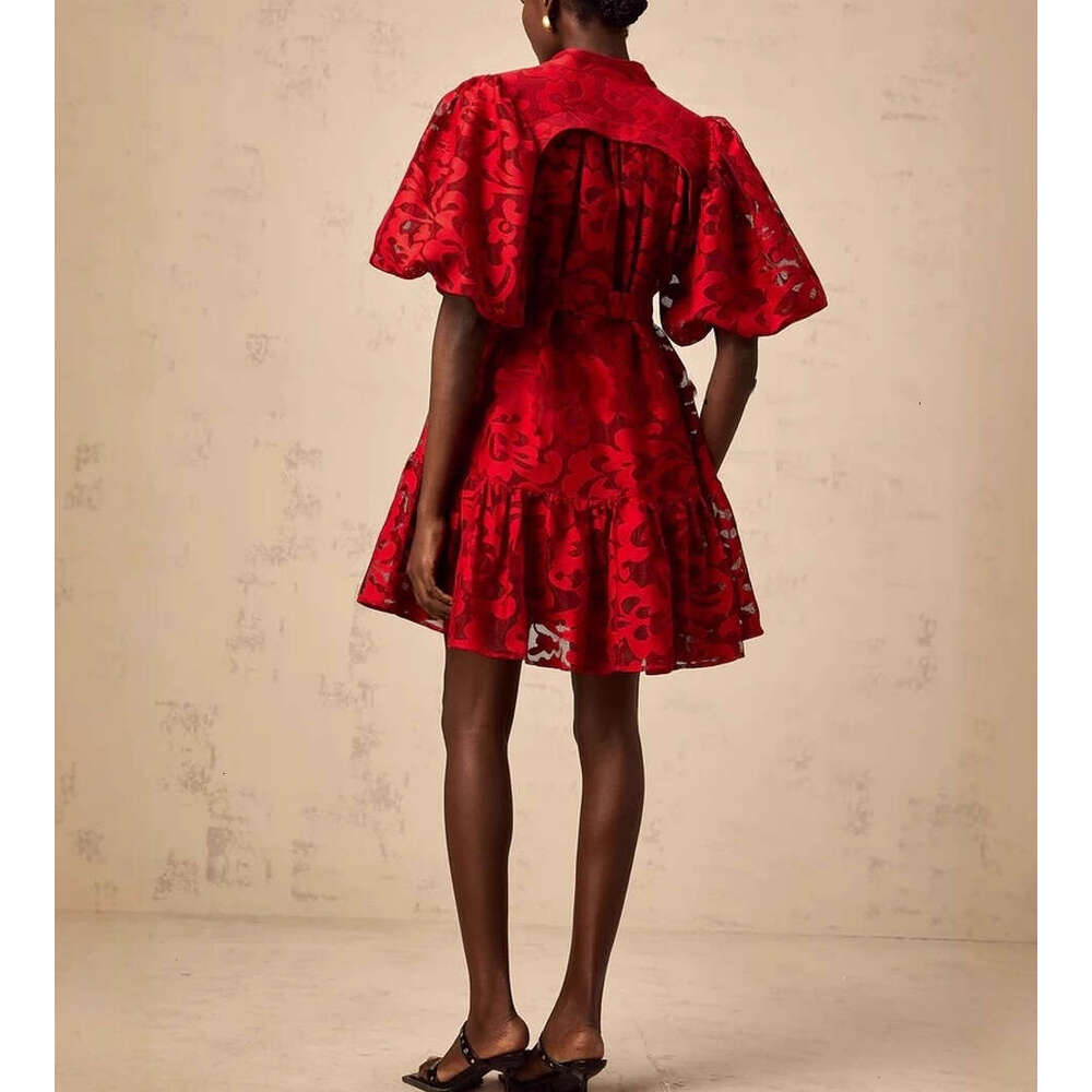 2026 new women's European and American a2 niche retro palace style lantern sleeves jacquard loose tie short skirt