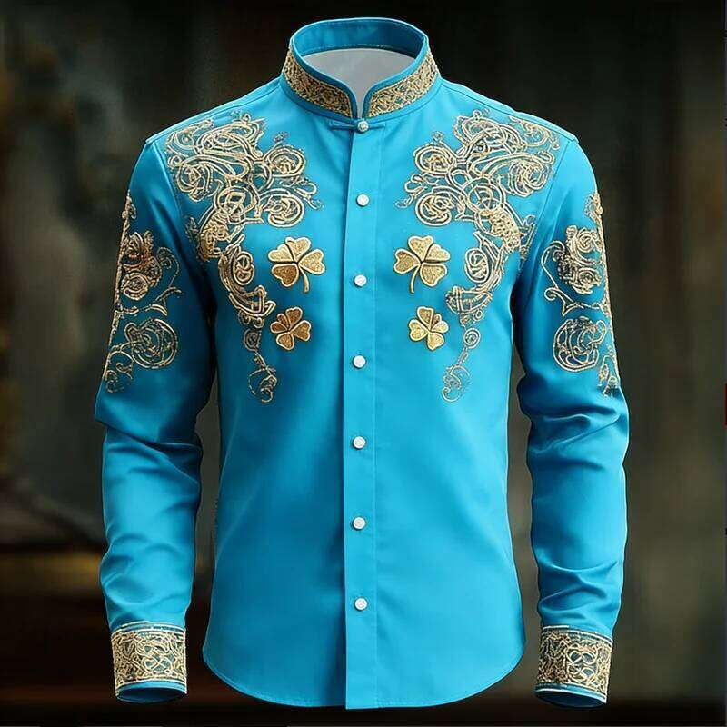 New Men's Floral With Gold 3D Clover Print, Fashionable And Luxurious Long Sleeved Shirt Top