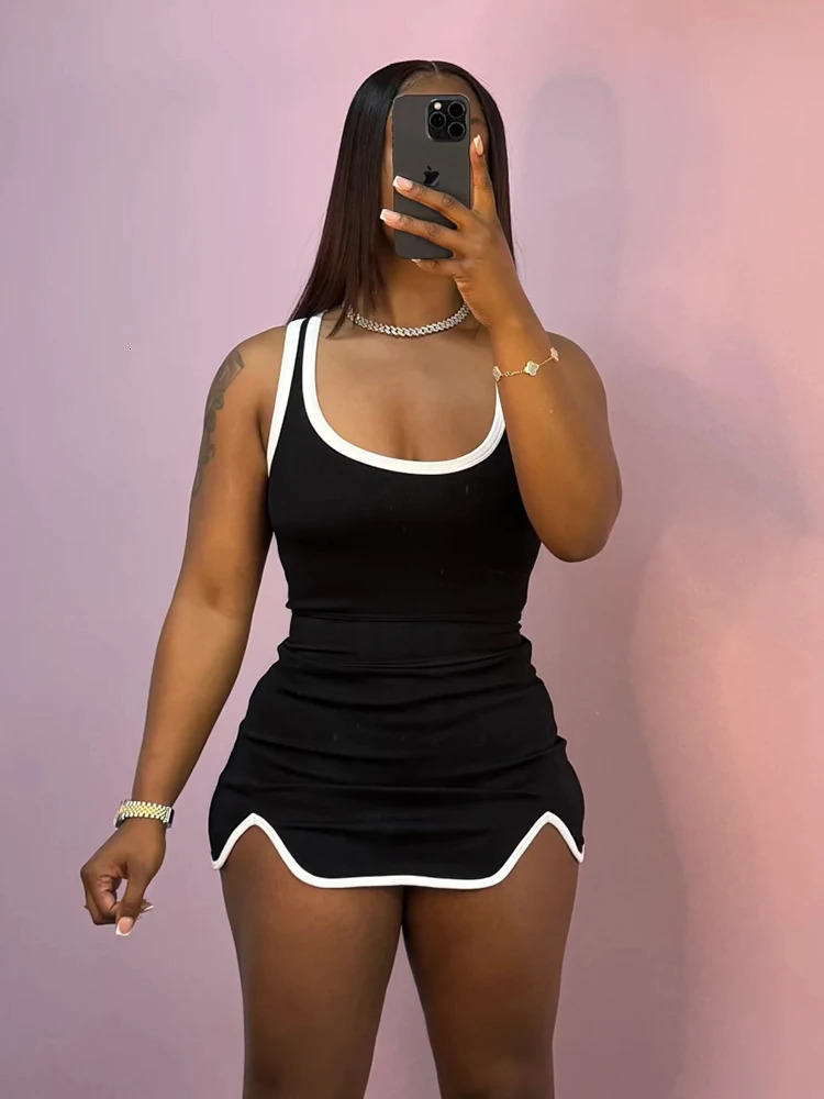 Sisterlinda Panelled Trim Matching 2 Piece Set Fashion Concise Uneck Backless Slim Crop TanksIrregular Mini Skirts Daily Suits 260306