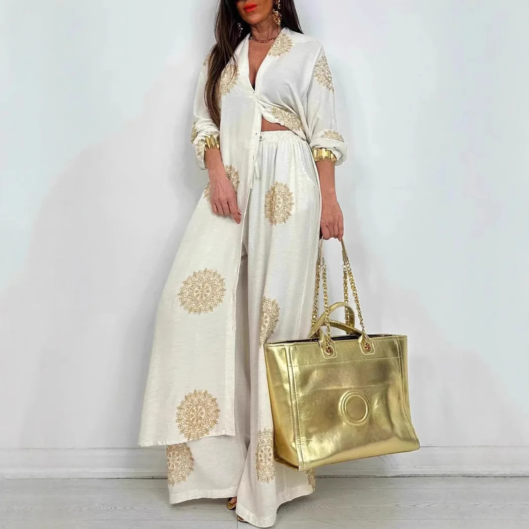 Womens Loose Long Vintage Printed Robe Set Spring Summer Casual Button Shirt Blouses Wide Legs Pants Oversized Twopiece Outfit 260306