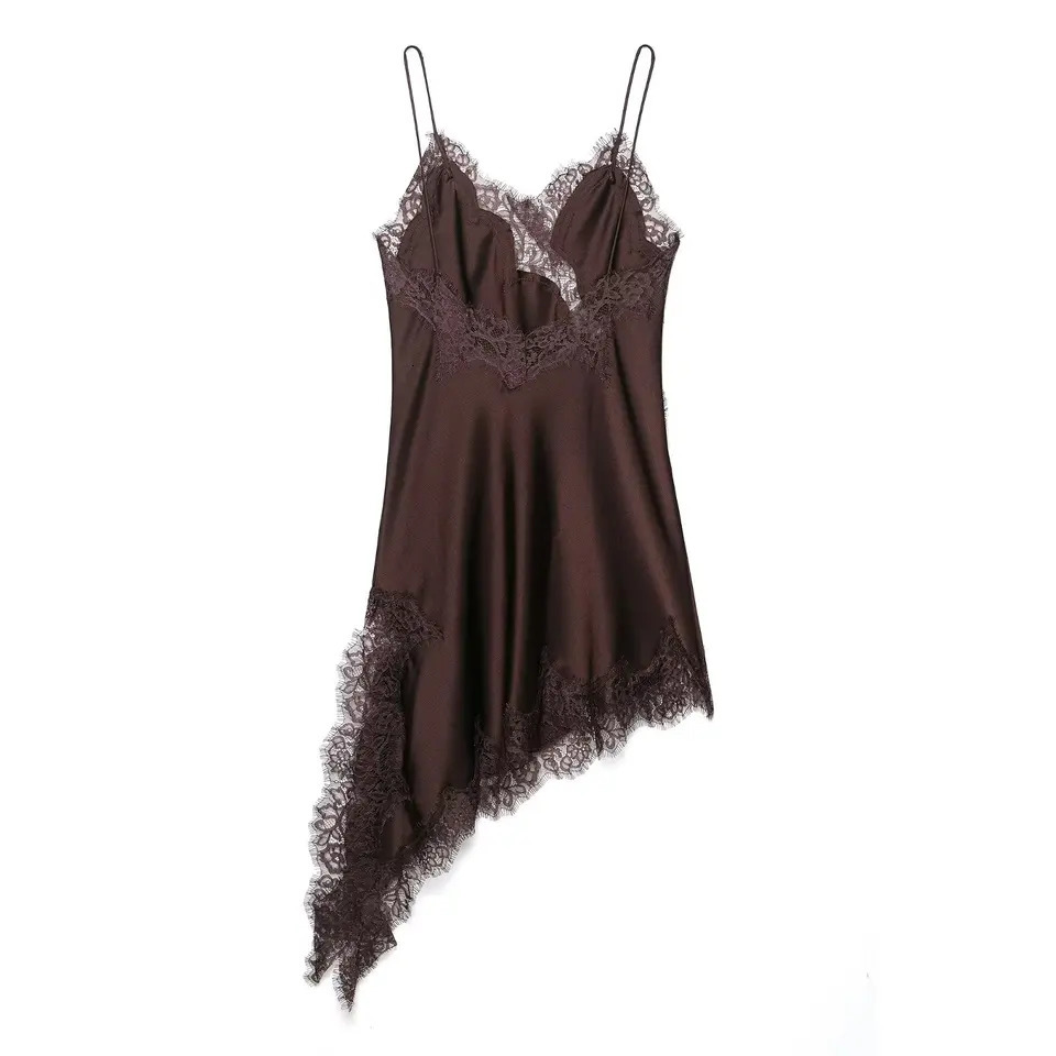 3 colors Sexy Hollow Out See Through Lace Spliced Satin Sling Dress Women Side Slit Hem Asymmetric Dresses Backless Robe 260306