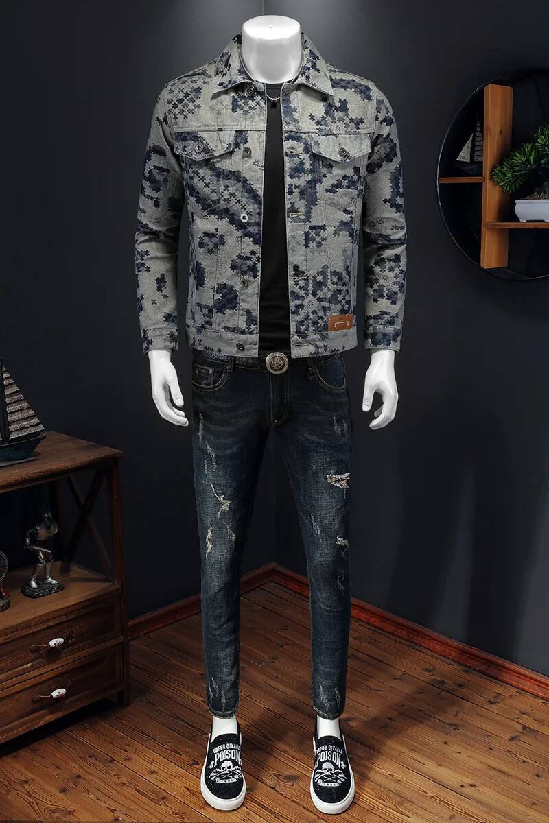 Brand Retro Jacket for Men 2025 Spring Fashion Jacquard Casual Denim Jackets Social Hip-hop Streetwear Cowboy Coats