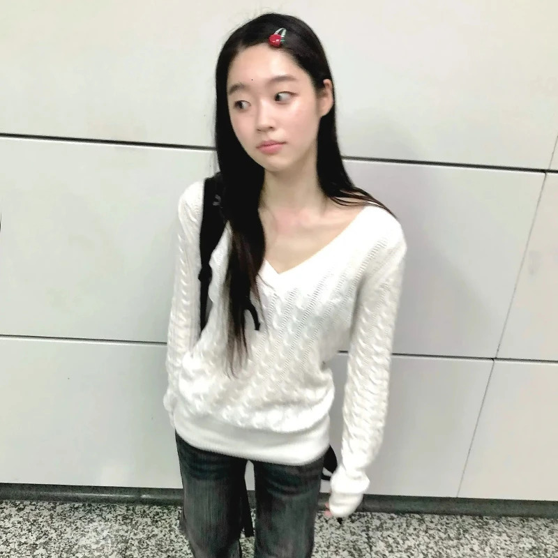 Karrram Japanese Y2k Vneck White Sweater Vintage Harajuku Knit Slim Pullover Korean Style Fall Winter Knitwear 2000s Aesthetics 260306