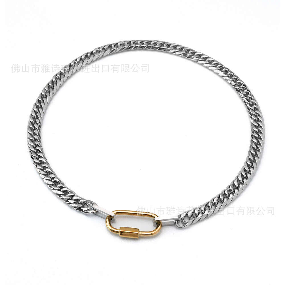 High-Quality Polished Stainless Cuban Chain Two-Tone Splicing Titanium Steel Vacuum Electroplated 18k Gold Carabiner Necklace