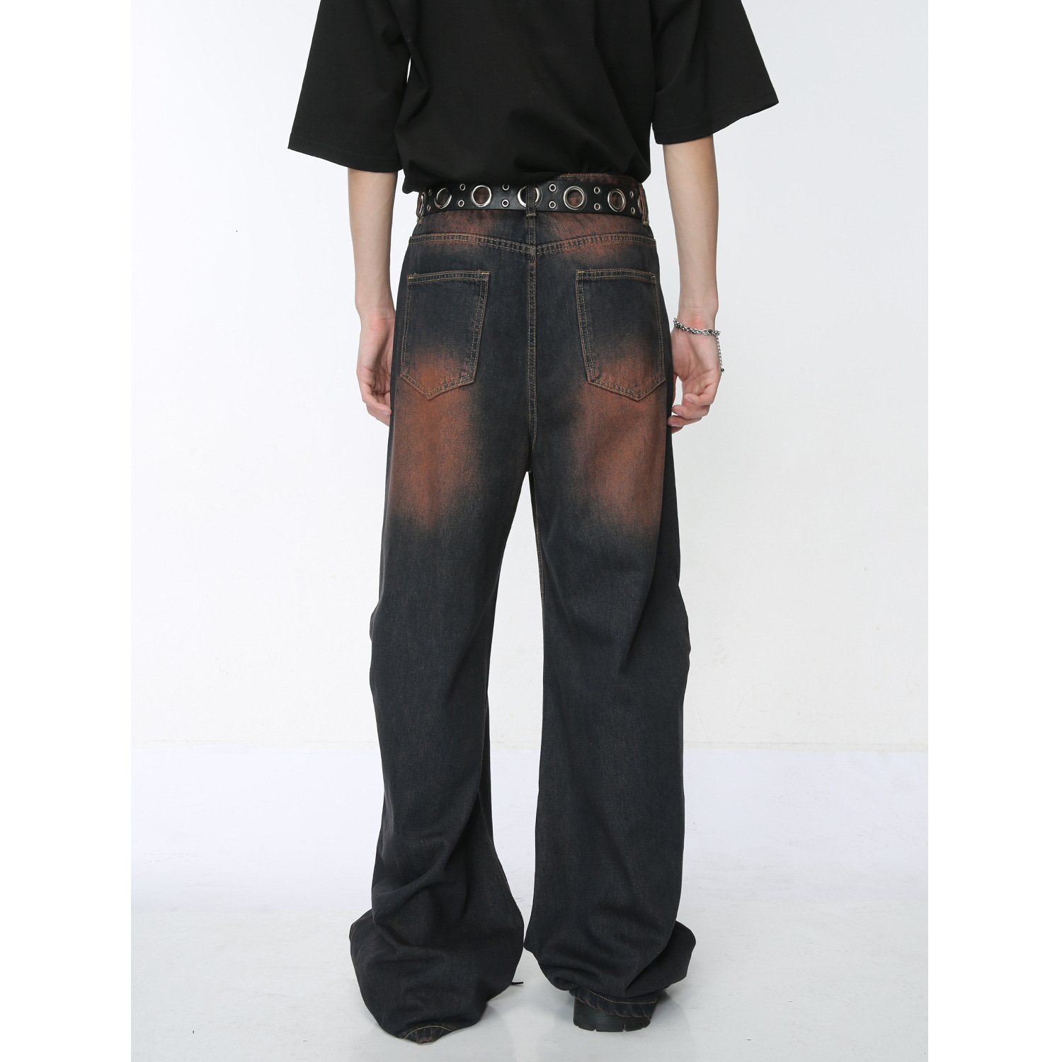 Punk Rhinestone embellished black jeans Y2k American streetwear loose wide leg jeans men 250508