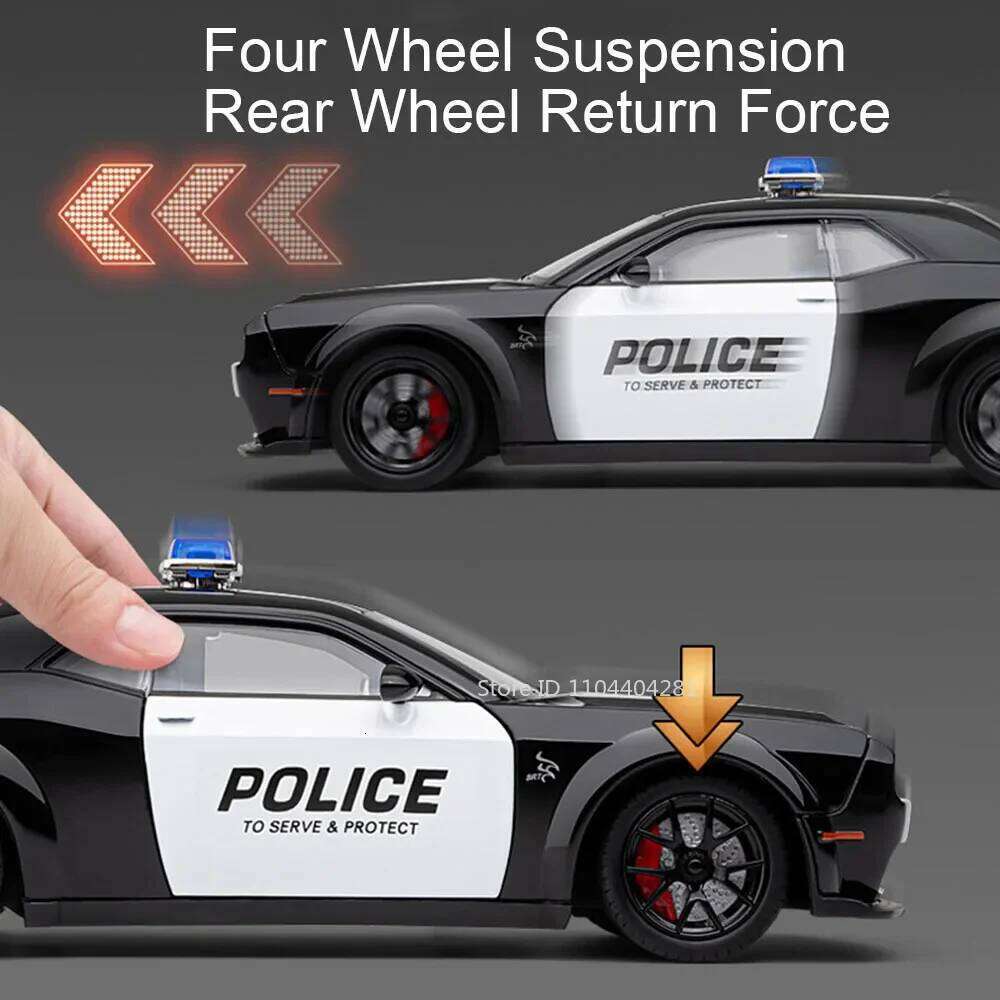 1:24 Challenger SRT Hellcat Alloy Police Car Diecast Model Toys Front Wheel Steering Sound Light Pull Back Vehices for Kids Gift Z260306