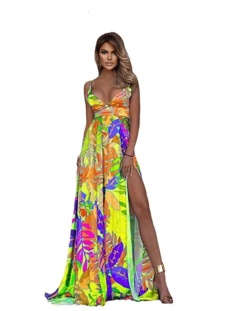 Color Print Spaghetti Strap Long Dresses Women Sexy Deep Vneck Backless Slit Dress Fashion Bohemian Beach Vacation Maxi Vestido 260306