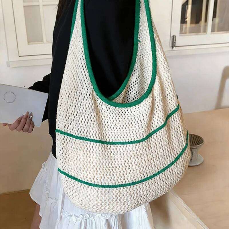 Trendy Bohemian Knitted Shoulder Hollowed Out Sweet Crochet Tote Large Capacity Spacious Sundries Storage Bag Vacation XJ260306
