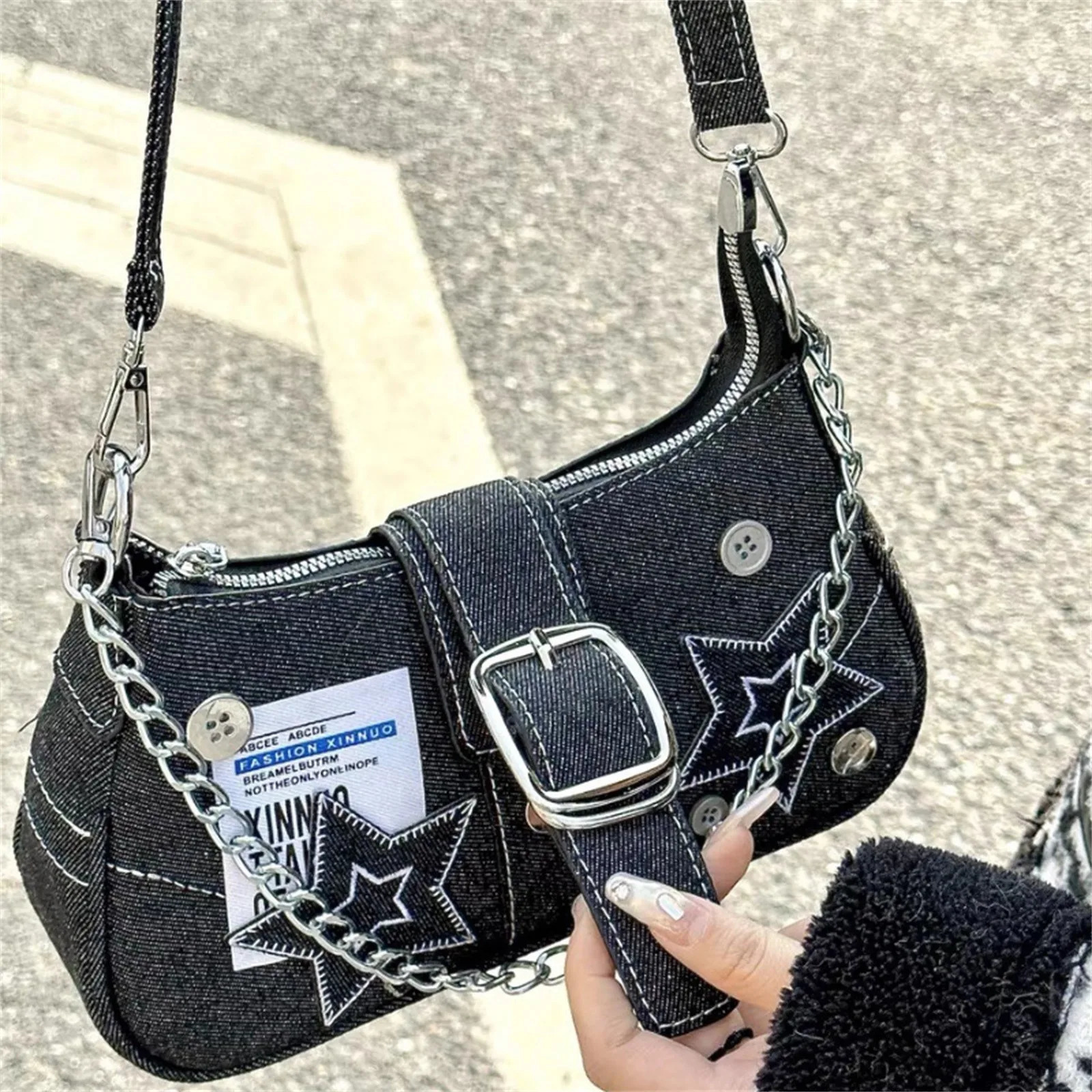 Y2k Fashion WomenS Handbags Stars Pattern Cool Girls Underarm Bag Fashion Canvas Female Small Shoulder Bags Chain Tote Purses 260303