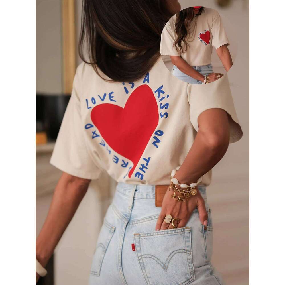 Women'S Crew Neck Short Sleeve Geometric Heart Print Regular All-Season Comfort Tee for Casual Attire Aesthetic Clothes XJ260306