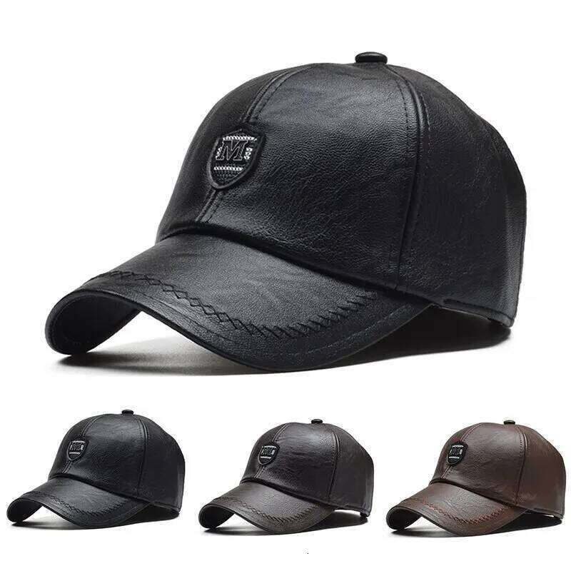 M Label Pu Leather Baseball Caps Spring and Autumn Outdoor Adjustable Casual Hats Sunscreen Hat Y260304