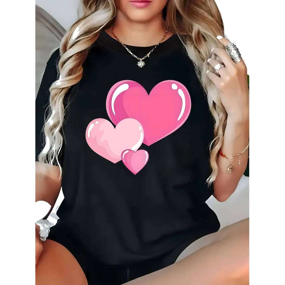 Women's Pink Heart Print Stretch T-Shirt Casual Graphic Top for Valentine's Day Fashion Soft Stretchy Tee XJ260306 XJ260306