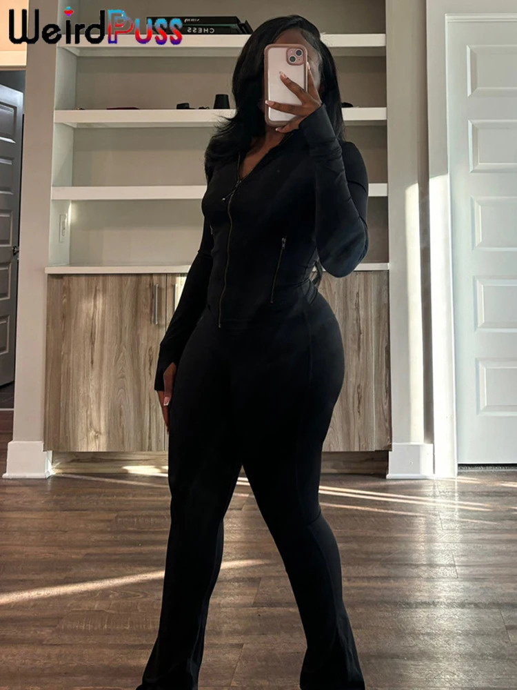 Weird Puss Sporty Casual 2 Piece Set Women Hooded Zipper Turtleneck JacketSkinny Straight Pants Matching Trend Workout Suit 260306