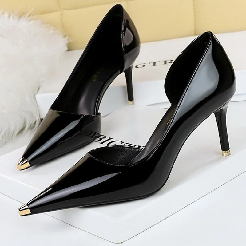 BIGTREE Shoes Black Patent Leather High Heels Metal Pointed Women Pumps Sexy Party Shoes Stilettos Women 7 Cm 105cm Heels 260306