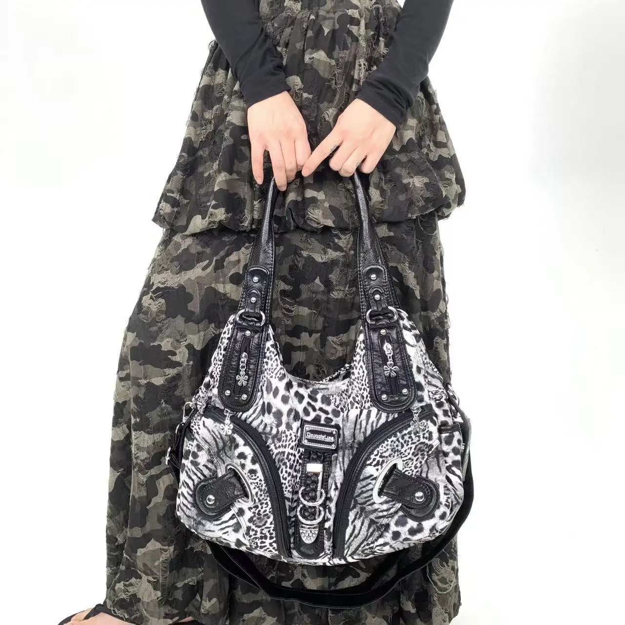 Y2K vintage girl personality leopard print shoulder bag with multiple compartments Maillard crossbody handbag 260303