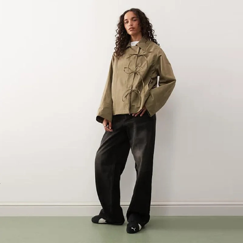 Stylish Cool Jackets Bow Tie Loose Lapel Pocket Coat Casual Vintage Womens Chic Versatile Outerwears Autumn Female Clothing 260306