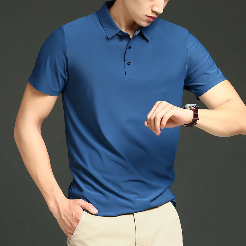 Golf Solid Ice Silk Traceless Silk Loose Polo Shirt Short Sleeve T-shirt Mens Elastic Ironless Thin Polo Neck Light 260305