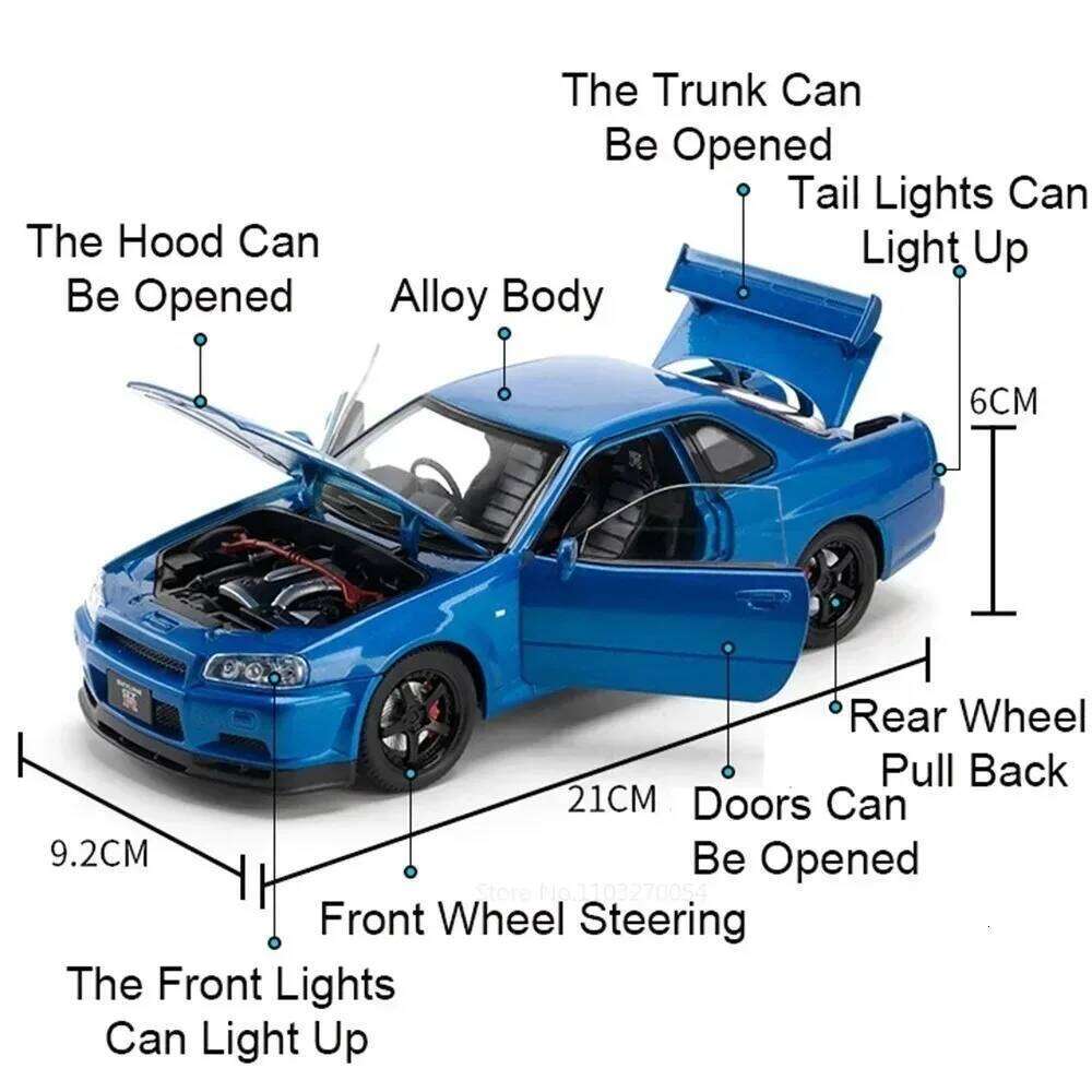 1:24 SKYLINE GTR R34 Alloy Sports Car Toys Model Diecast Cars Front Wheel Steering Sound Light Pull Back Vehices Adult Kids Gift Z260307